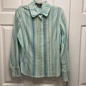 Etcetera button down blouse, blue, green and white, size 12
